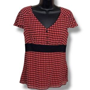 New Size 2 Ann Taylor Loft Red Short Sleeve Blouse Vneck Retro Style Geometric